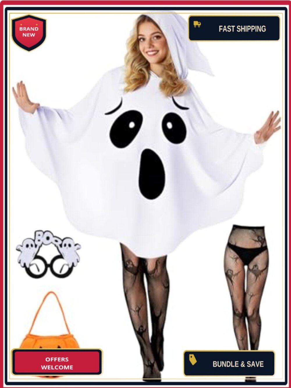 4 Pcs Ghost Costume Set Hooded Poncho Cape Fishnet Stockings Candy Bag